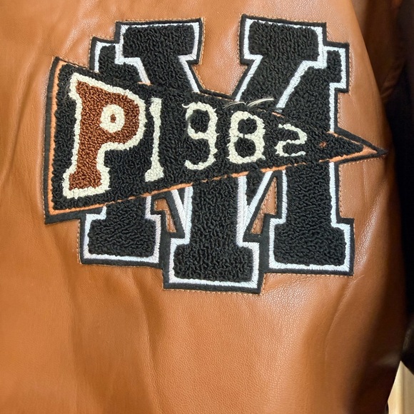 Faux-Leather Varsity Jacket in Brown and Black with Patch Detail - Picture 8 of 13